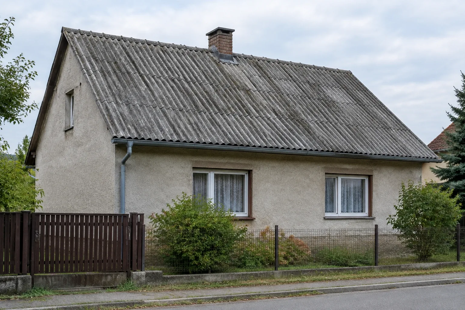 Stará zvlnená sivá strešná krytina bez solárnych panelov