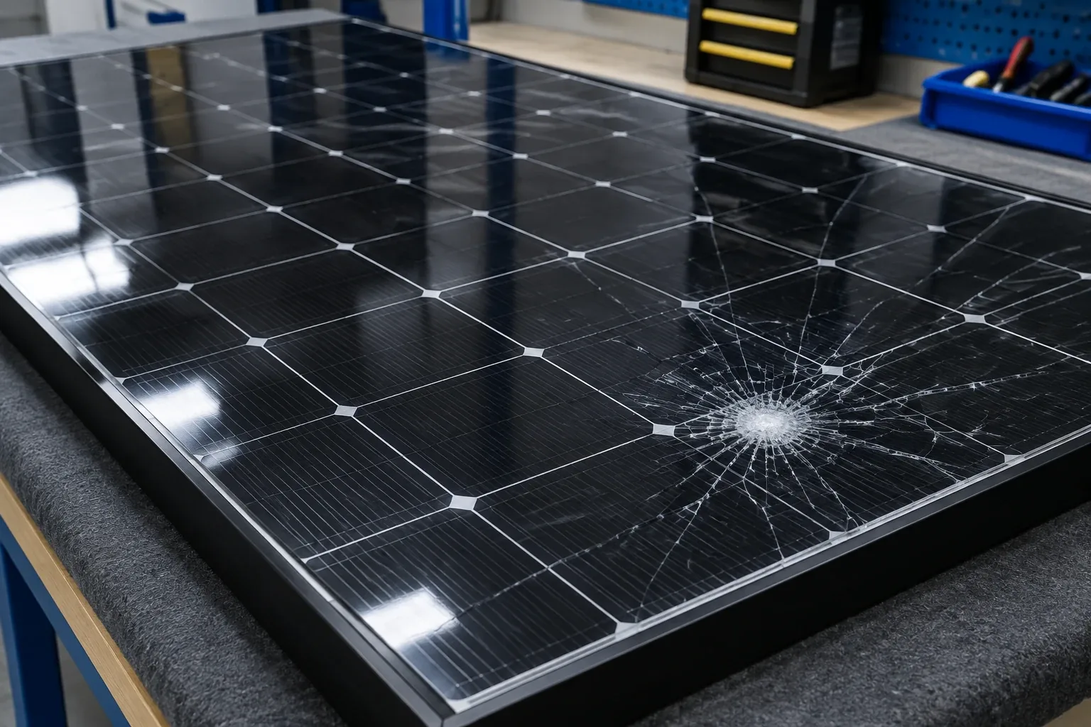 Solárny panel s lokálne popraskaným ochranným sklom na pracovnom stole