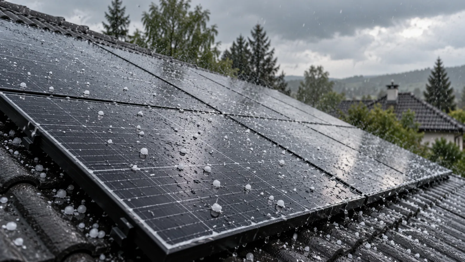 Solárne panely na šikmej streche počas krupobitia